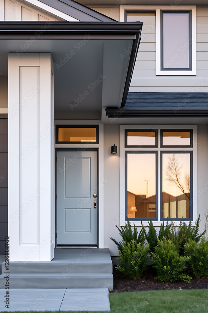 Fototapeta premium Modern House Exterior: Contemporary Home Design with Grey Facade and Landscaped Entrance