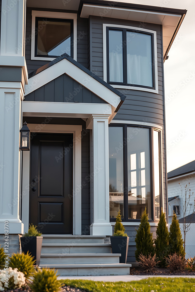 Obraz premium Modern Gray House Exterior: Dream Home Design, Luxury Real Estate, Contemporary Architecture, New Home, Curb Appeal