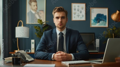 Wallpaper Mural Portrait of young male Boss or CEO in formal suit posing at office desk, AI generated image Torontodigital.ca