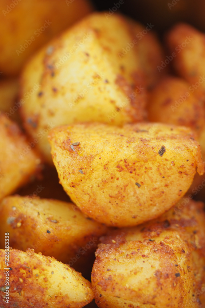 Crispy golden roasted potatoes garnished with spices Crispy golden roasted potatoes garnished with spices