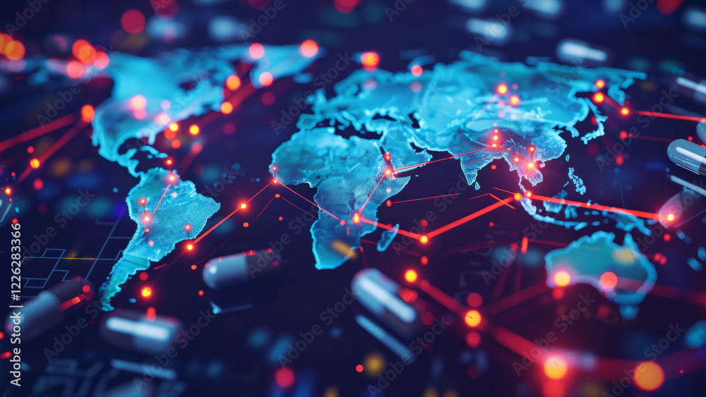 Global Pharmaceutical Network With Red Capsules On A Digital World Map Global Pharmaceutical Network With Red Capsules On A Digital World Map