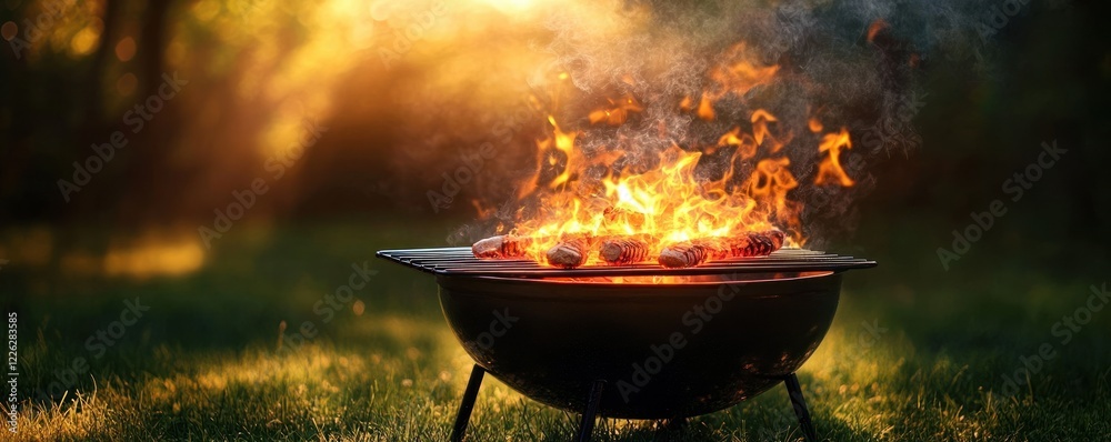 Summer Barbecue Fire in Grill with Sunlight and Flames Summer Barbecue Fire in Grill with Sunlight and Flames