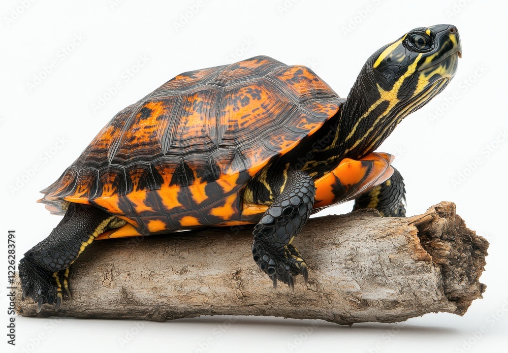 Colorful turtle resting on a log with intricate shell patterns showcasing vibrant colors and unique textures in a natural and serene environment Colorful turtle resting on a log with intricate shell patterns showcasing vibrant colors and unique textures in a natural and serene environment