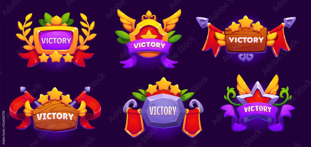 Game victory award icons, ui badges asset. Vector gui buttons for mobile app menu interface. Level pop up screens with stars, green leaves, stone or wooden plates, wings, colorful ribbons or banners Game victory award icons, ui badges asset. Vector gui buttons for mobile app menu interface. Level pop up screens with stars, green leaves, stone or wooden plates, wings, colorful ribbons or banners
