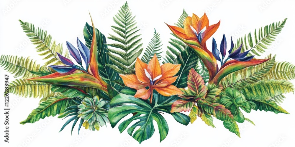 Naklejka premium Vibrant Tropical Floral Arrangement Featuring Exotic Leaves and Colorful Blooms on a White Background