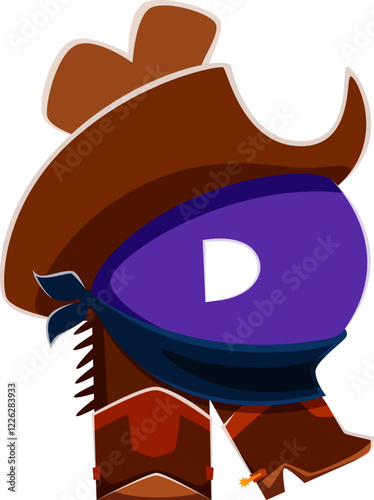 Cartoon letter D with cowboy hat, scarf and boots, wild west font, typeface, western type, sheriff English alphabet. Vector abc character evoking playful western outlaw aesthetic. and adventurous mood