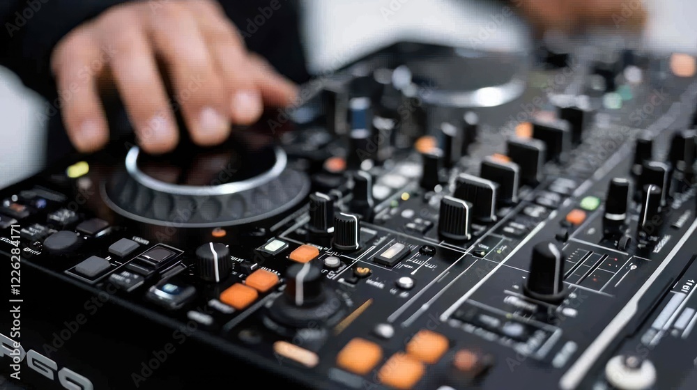 Close-up of a DJ mixer with hands adjusting controls for music mixing. Close-up of a DJ mixer with hands adjusting controls for music mixing.