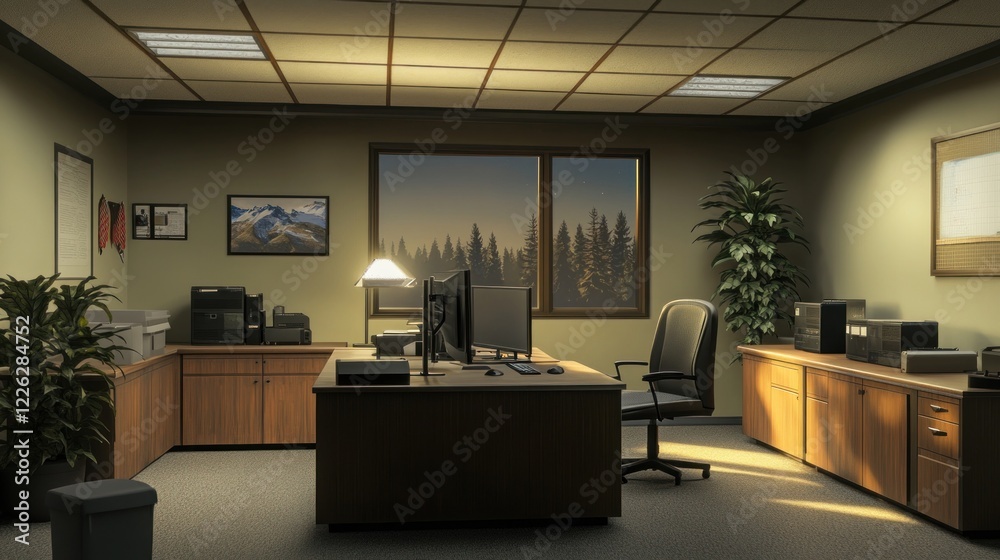 Serene office interior with sunset view, dual monitors, desk, plants, and printer. Serene office interior with sunset view, dual monitors, desk, plants, and printer.