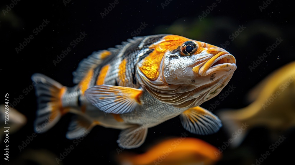 Fototapeta premium A vibrant fish swimming gracefully in a dark aquatic environment.