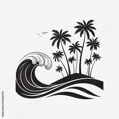 Silhouette Vector of Ocean Waves with Palm Trees  Black & White Design