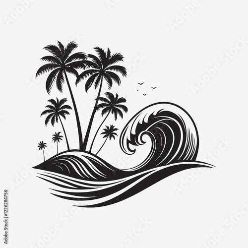 Silhouette Vector of Ocean Waves with Palm Trees  Black & White Design