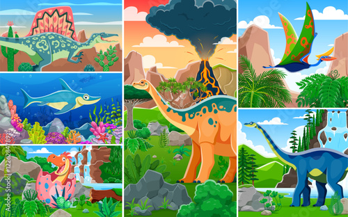 Prehistoric dinosaur characters collage with volcano and waterfall nature landscape vector background. Cartoon cute baby dino in egg, spinosaurus, apatosaurus and monolophosaurus dinosaur animals