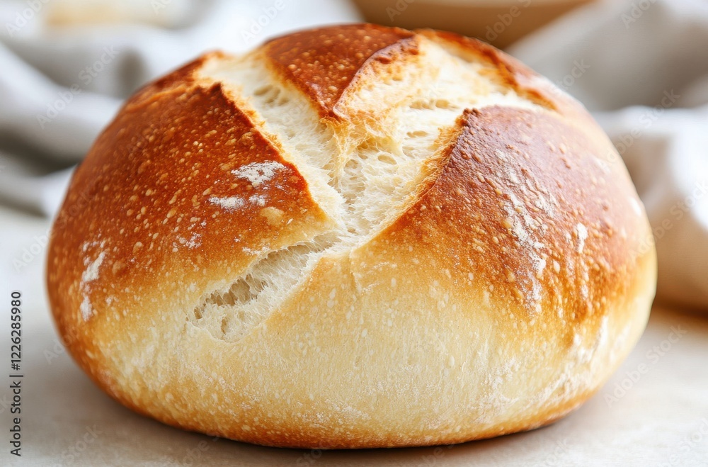 Freshly Baked Round Bread with a Crispy Crust on a Light Surface Surrounded by Soft Textiles in Natural Setting Freshly Baked Round Bread with a Crispy Crust on a Light Surface Surrounded by Soft Textiles in Natural Setting
