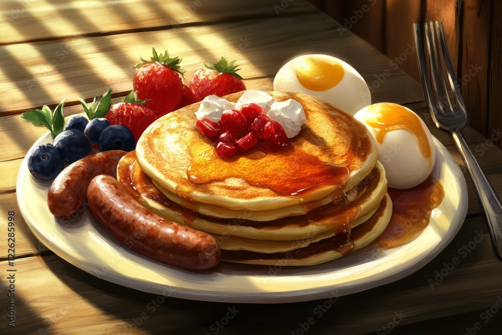 Pancakes with maple syrup, berries, sausages, and soft-boiled eggs on wooden table Pancakes with maple syrup, berries, sausages, and soft-boiled eggs on wooden table