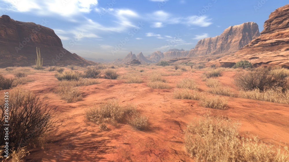 Expansive Desert Landscape with Majestic Rock Formations and Sparse Vegetation Under Bright Sky