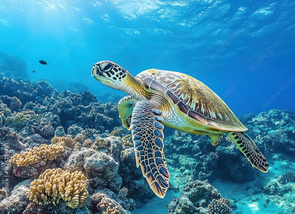 Obraz premium Graceful Sea Turtle Gliding Over Vibrant Coral Reef in Clear Tropical Water Under Sunlight, Showcasing Marine Life Beauty