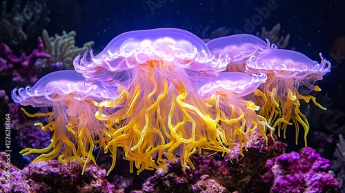 Bioluminescent Purple Jellyfish with Golden Tentacles in Dark Underwater Coral Reef photo