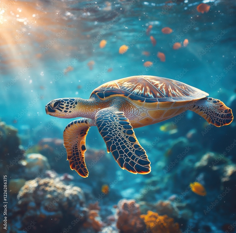 Fototapeta premium Graceful sea turtle swimming through vibrant coral reef in clear blue ocean water illuminated by sunlight and surrounded by colorful tropical fish