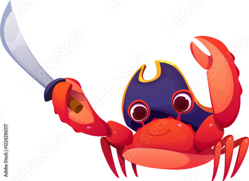 Cartoon crab pirate corsair character in captain tricorne hat with sword, vector personage. Caribbean pirate crab funny character in tricorn with corsair saber or filibuster sword for Treasure Island