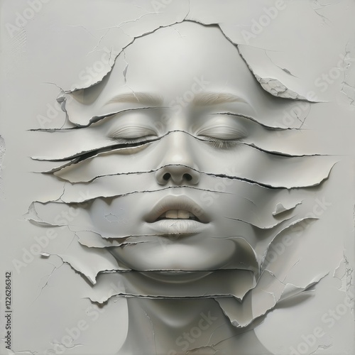 Sliced white head revealing serene expression with detailed textures
