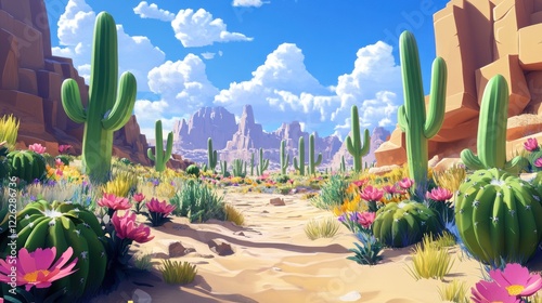 Vibrant desert landscape with cacti and wildflowers under a sunny sky.
