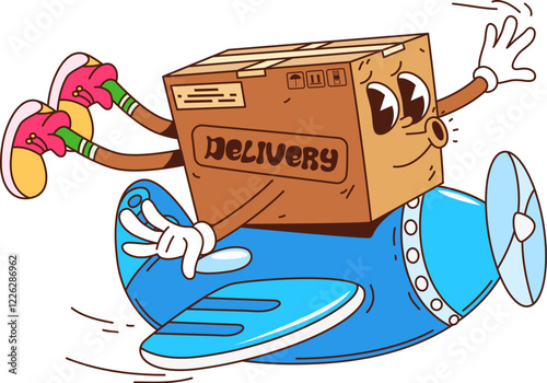 Cartoon groovy delivery cardboard box character flying on the airplane. Vector post service or express shipping retro personage deliver cargo by air. Isolated funny parcel, pack fly on vintage plane