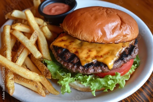 Wallpaper Mural Classic Cheeseburger with Fries and Dipping Sauce on a White Plate Torontodigital.ca