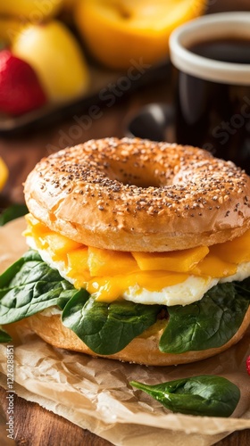 Delicious Breakfast Bagel with Egg Cheese and Spinach served with coffee and fruits