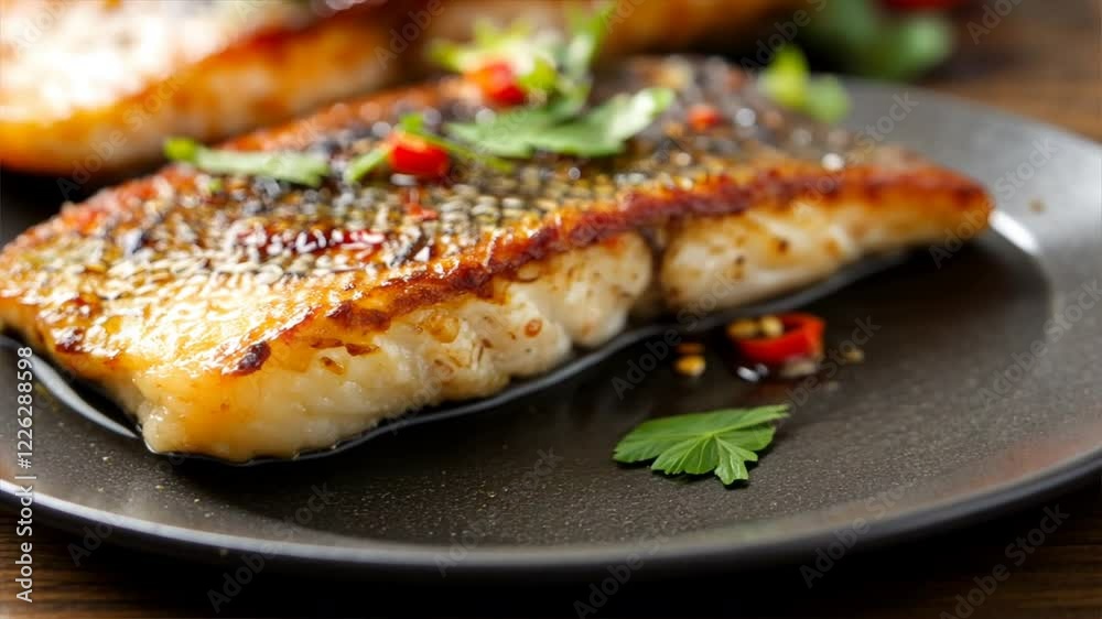 Delicious grilled fish fillet with crispy skin and tender meat, garnished with fresh herbs and spices, served on dark plate for perfect seafood meal. Delicious grilled fish fillet with crispy skin and tender meat, garnished with fresh herbs and spices, served on dark plate for perfect seafood meal.