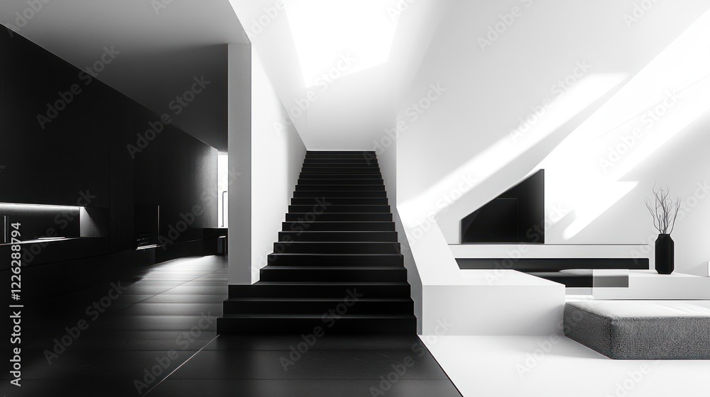 Obraz premium Modern minimalist interior with black staircase, sunlight, and white walls.