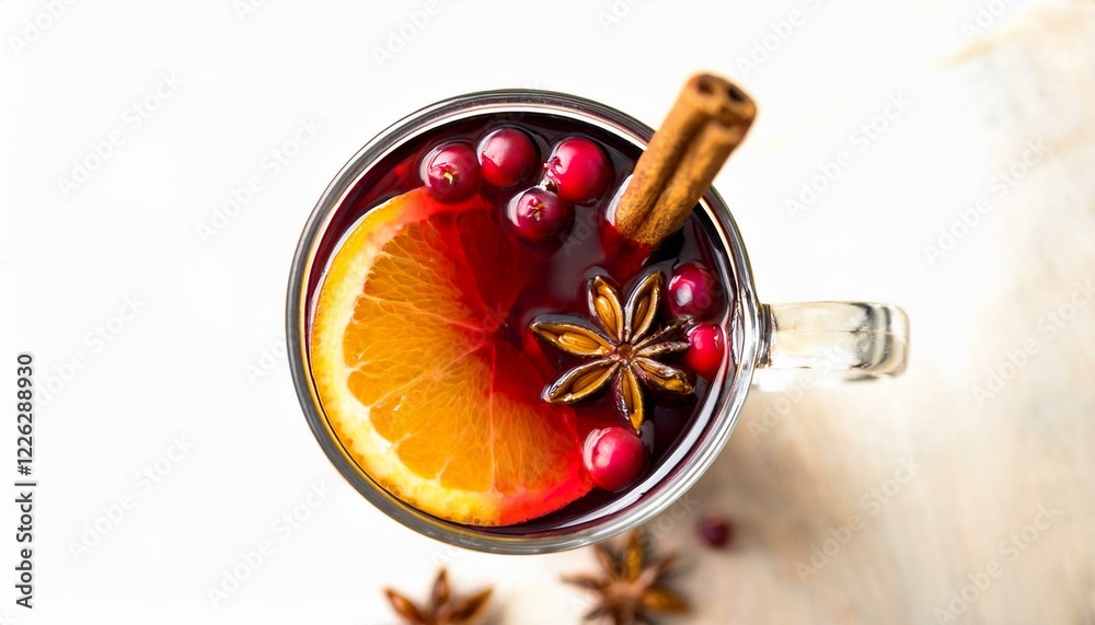 Fototapeta premium Warm spiced wine with cranberries and orange. Festive winter drink.