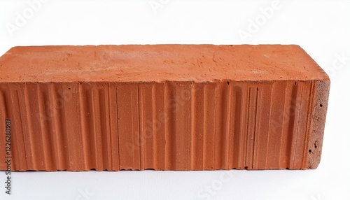 Single red clay brick with textured sides, isolated on white. photo