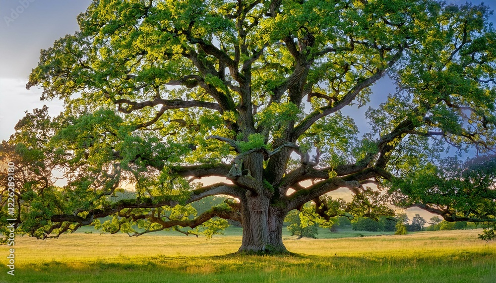 Majestic oak tree at sunset, its sprawling branches reaching towards the sky. Majestic oak tree at sunset, its sprawling branches reaching towards the sky.