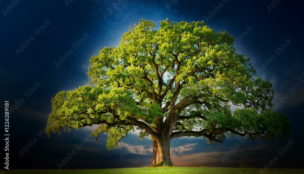 Majestic oak tree stands tall against a dramatic sky, its lush green canopy a vibrant contrast to the deep blue. Majestic oak tree stands tall against a dramatic sky, its lush green canopy a vibrant contrast to the deep blue.
