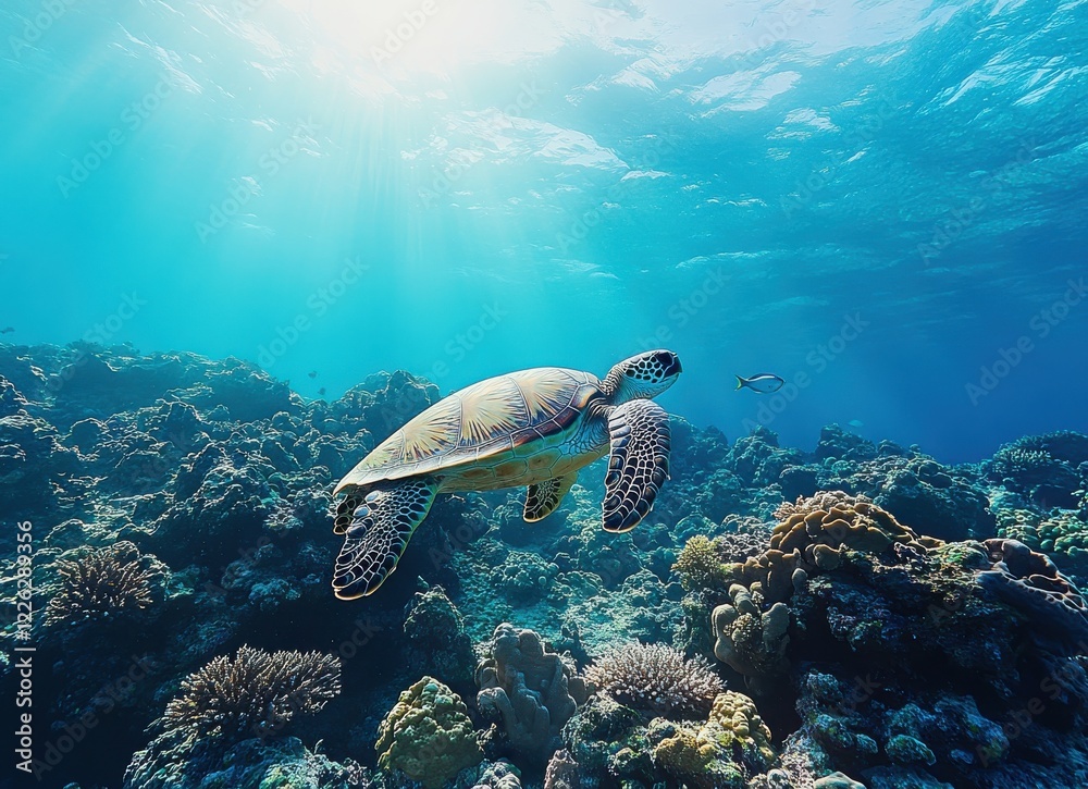 Fototapeta premium Majestic Sea Turtle Swimming Gracefully Through Vibrant Coral Reef Beneath Sunlit Ocean Surface