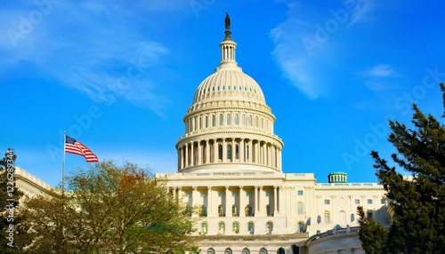 The US Capitol Building on a sunny day with an American flag waving in the breeze.