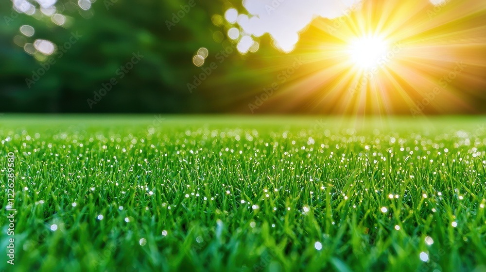 Obraz premium A vibrant sunrise illuminates dew-kissed grass, creating a serene and refreshing outdoor scene, perfect for nature lovers.