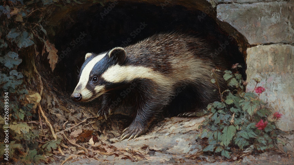 Badger explores its environment while emerging from den on a sunny day in the forest Badger explores its environment while emerging from den on a sunny day in the forest
