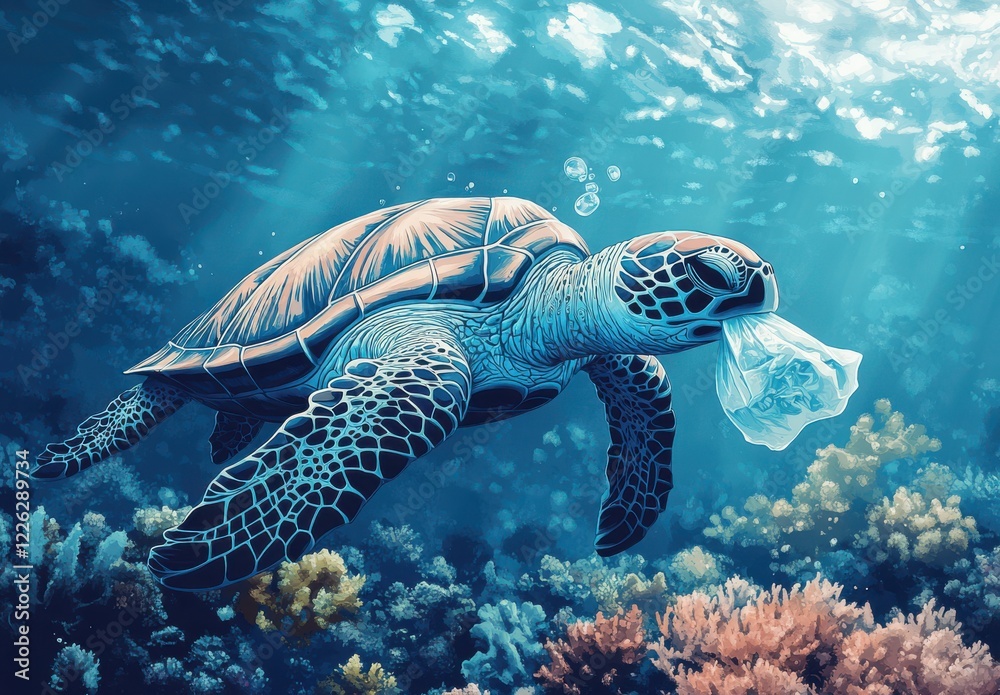 Fototapeta premium Majestic Sea Turtle Swimming Through Coral Reefs While Ingesting Plastic Bag Highlighting Ocean Pollution and Environmental Awareness