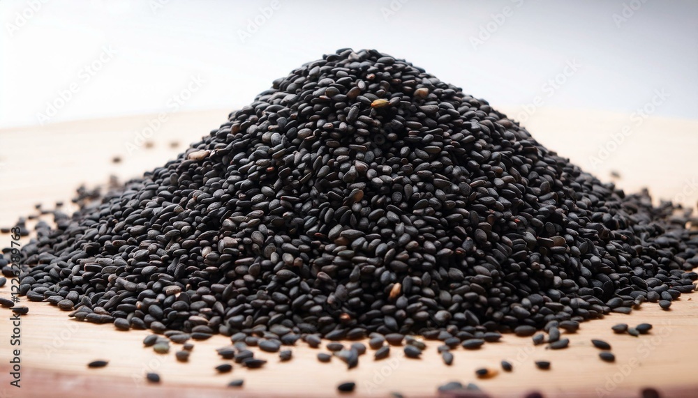 A mound of black sesame seeds on a light wooden surface. A mound of black sesame seeds on a light wooden surface.