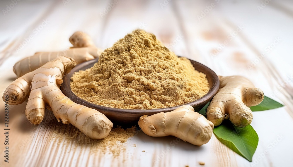 Ground ginger and fresh ginger roots.