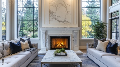 Cozy Living Room With A Fireplace, Plush Sofas, And Large Windows Showcasing Autumnal Scenery.