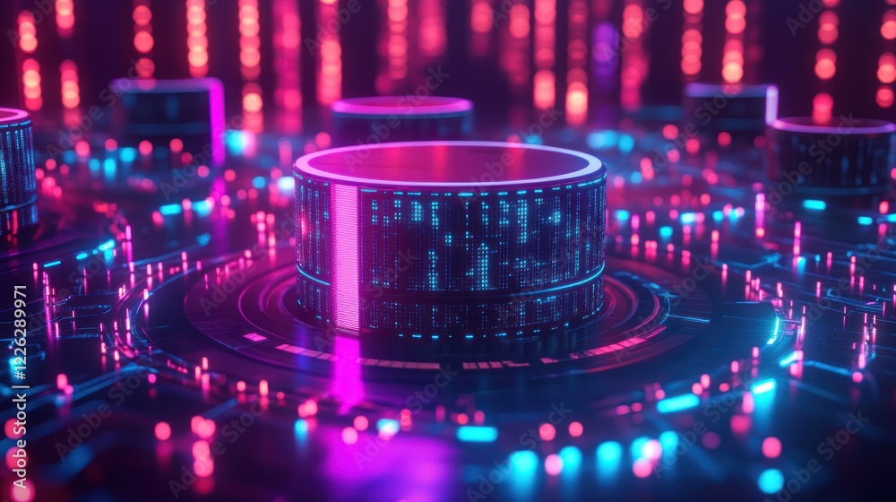 Futuristic neon data cylinder on digital circuit board. Futuristic neon data cylinder on digital circuit board.