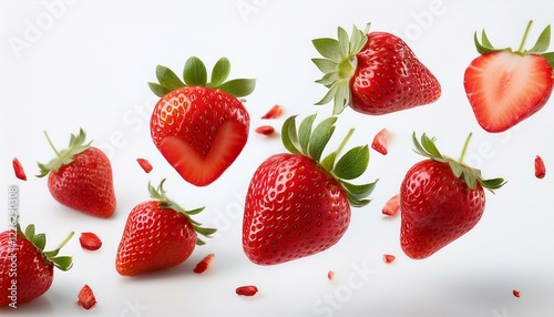 Juicy strawberries levitate against a white backdrop, capturing the freshness of the fruit.