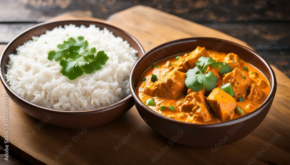 Warm, inviting bowl of chicken curry served with fluffy white rice. A delicious and aromatic meal. Warm, inviting bowl of chicken curry served with fluffy white rice. A delicious and aromatic meal.