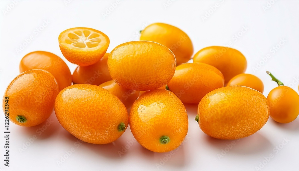 A vibrant pile of kumquats, some halved, showcasing their juicy, orange segments against a bright white background. A vibrant pile of kumquats, some halved, showcasing their juicy, orange segments against a bright white background.