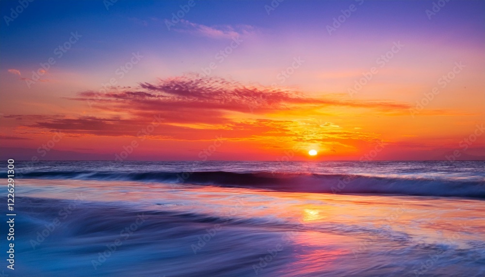 Vibrant sunset over the ocean, painting the sky with warm hues and reflecting on the waves. Vibrant sunset over the ocean, painting the sky with warm hues and reflecting on the waves.