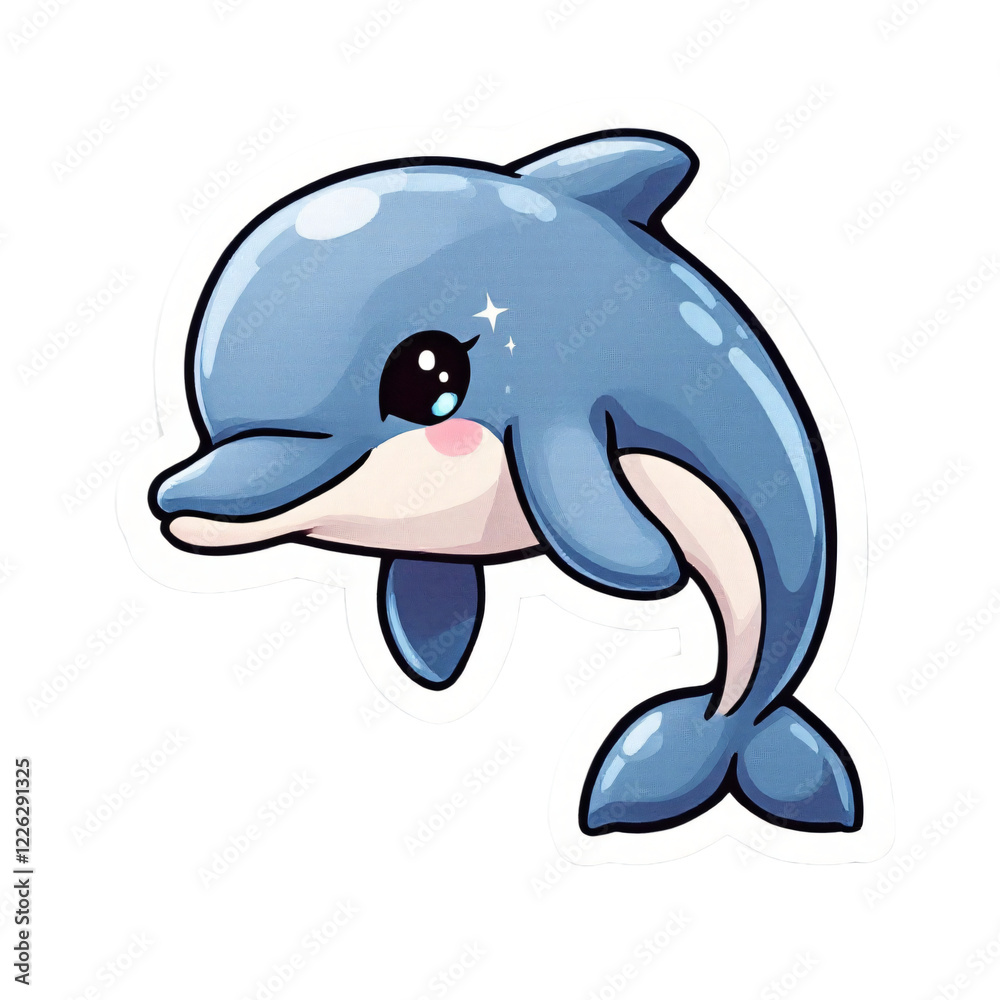 Fototapeta premium Adorable cartoon dolphin sticker with cute eyes and shining sparkles