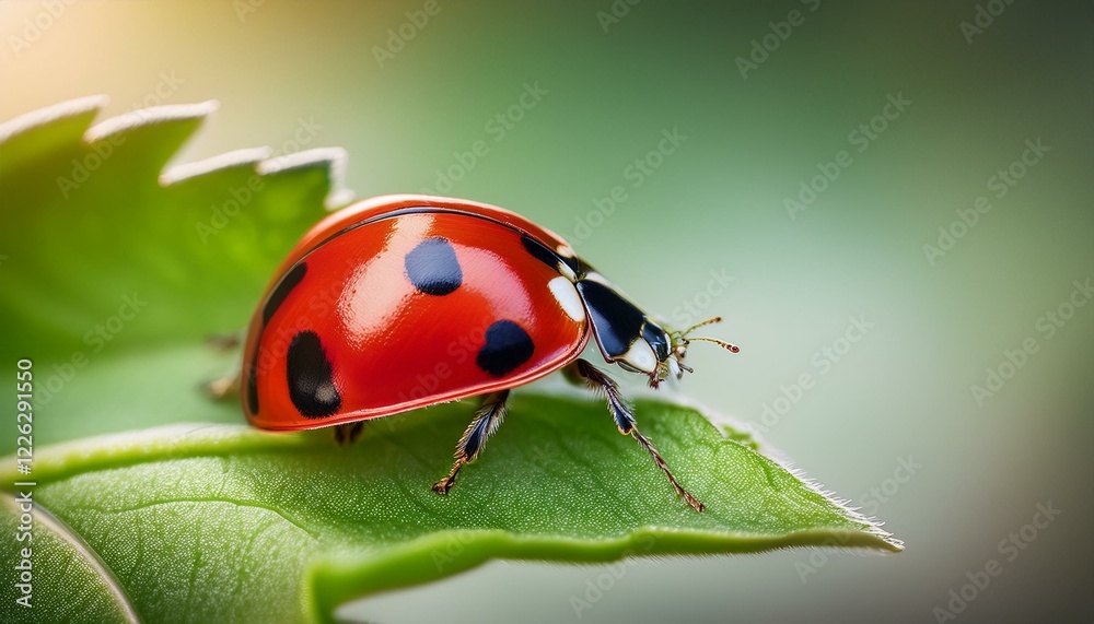 Fototapeta premium A ladybug perched on a vibrant green leaf, basking in the sunlight.