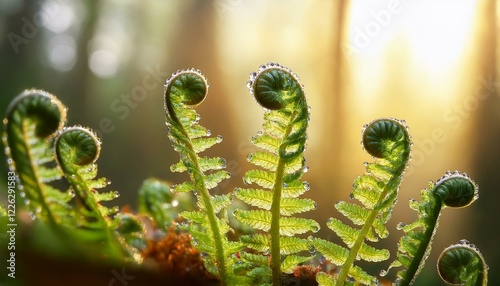 Delicate fern fronds uncurl, glistening with morning dew. photo